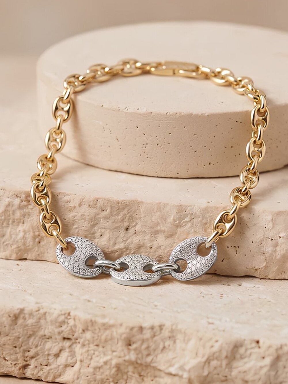 Two-Tone Pave Mariner Style Link 18K Gold Filled Bracelet - New Luxe Line